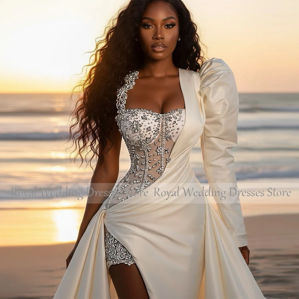 Modern Custom Ivory Satin Mermaid Wedding Dress Sweetheart Beading Wedding Gowns for Brides Floor Length Slit Bridal Gown