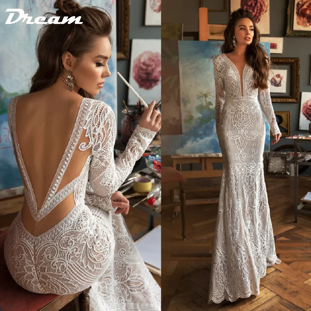 DREAM Customized Deep V Neck Lace Mermaid Wedding Dress Backless Long Sleeves Sweep Train Boho Bridal Gowns Custom Made Bohemian