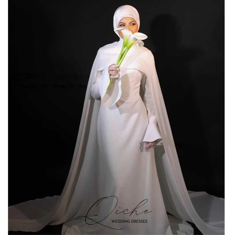 QICHE Customized Modest White Muslim Wedding Dresses with Cape Bride Dress Long Sleeves Woman Bride Civil Bridal Gowns
