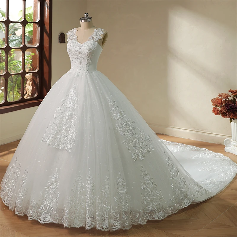 Y&M Novias V Neck Sweet Plus Size Vestido De Noiva 2025 Wedding Dress Long Train or Floor Length Appliqes Bridal Tulle Mariage