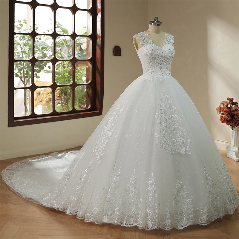 Y&M Novias V Neck Sweet Plus Size Vestido De Noiva 2025 Wedding Dress Long Train or Floor Length Appliqes Bridal Tulle Mariage