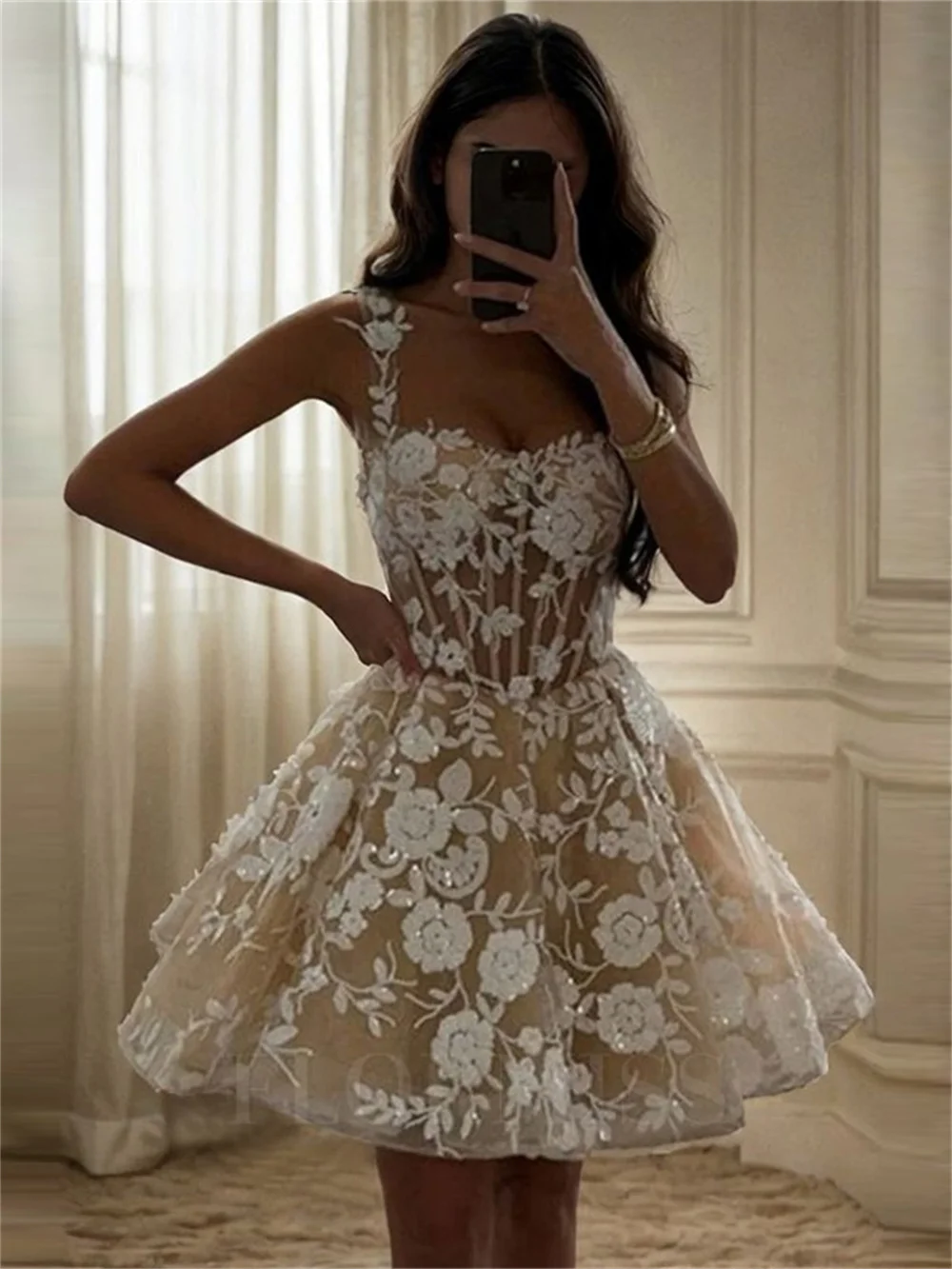 Customized Lace Flowers Mini Skirt Sleeveless Wedding Dress Square Neck Zip Back vestidos de novia Short Ball Gown After Party