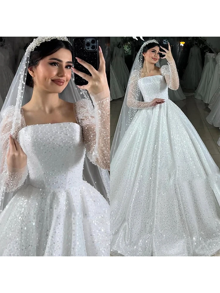 Fully Beaded Wedding Dress Organza With Embroidery Ball Gown A-Line Square Collar Full Sleeve Bride Customized Vestido De Novia