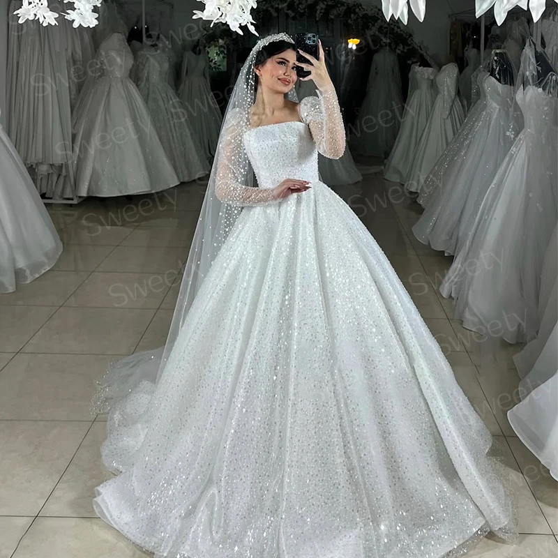 Fully Beaded Wedding Dress Organza With Embroidery Ball Gown A-Line Square Collar Full Sleeve Bride Customized Vestido De Novia