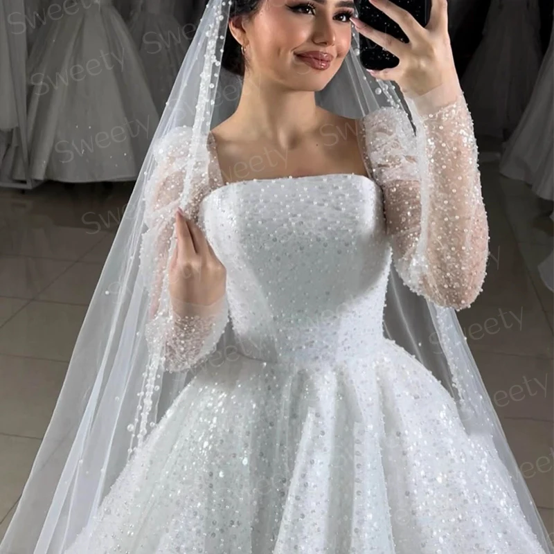 Fully Beaded Wedding Dress Organza With Embroidery Ball Gown A-Line Square Collar Full Sleeve Bride Customized Vestido De Novia