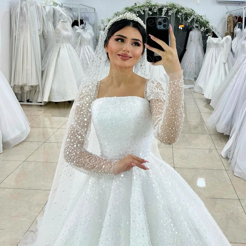 Fully Beaded Wedding Dress Organza With Embroidery Ball Gown A-Line Square Collar Full Sleeve Bride Customized Vestido De Novia