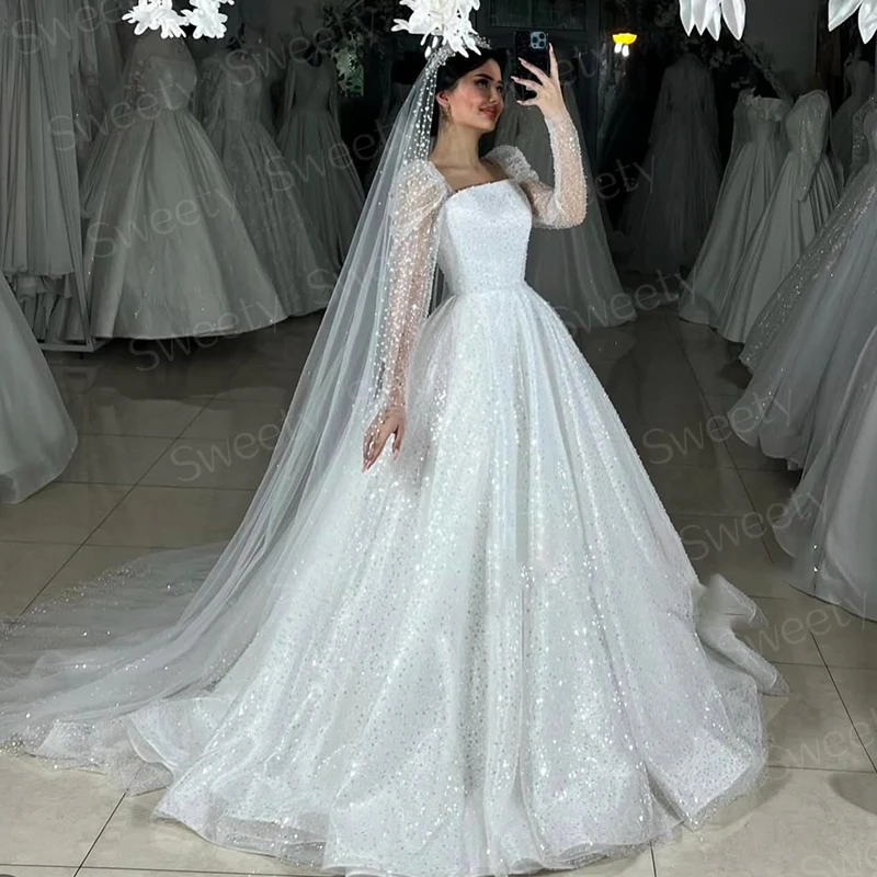 Fully Beaded Wedding Dress Organza With Embroidery Ball Gown A-Line Square Collar Full Sleeve Bride Customized Vestido De Novia