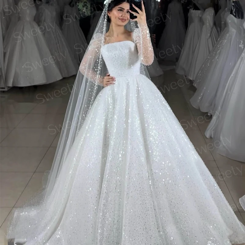 Fully Beaded Wedding Dress Organza With Embroidery Ball Gown A-Line Square Collar Full Sleeve Bride Customized Vestido De Novia