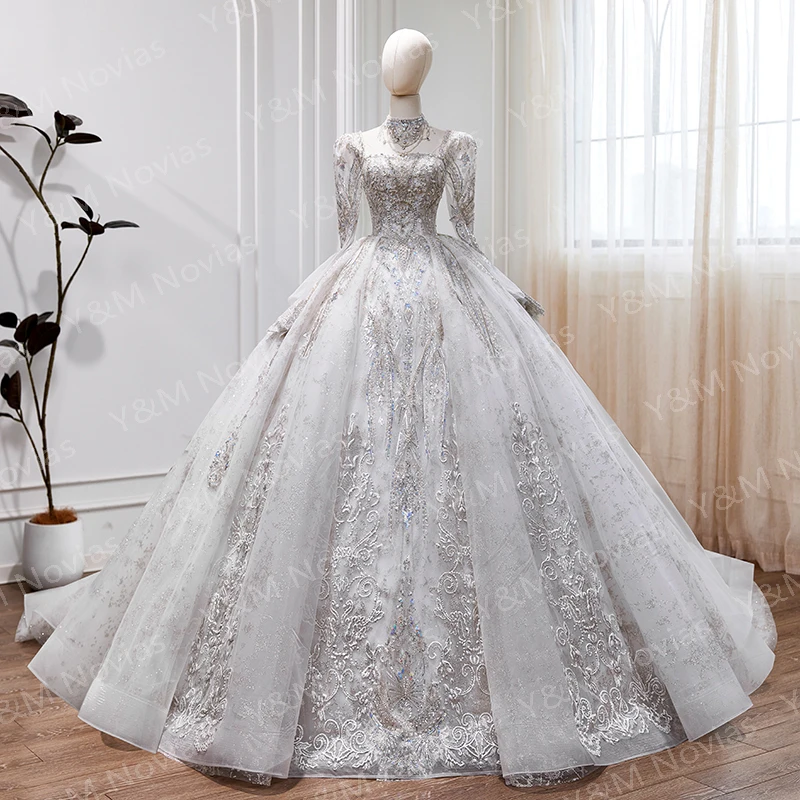 Customized NEW Luxury Square Neck Full Lace Long Sleeve Princess Wedding Dress Decal Bridal Ball Dress Real Dubai Wedding Dress