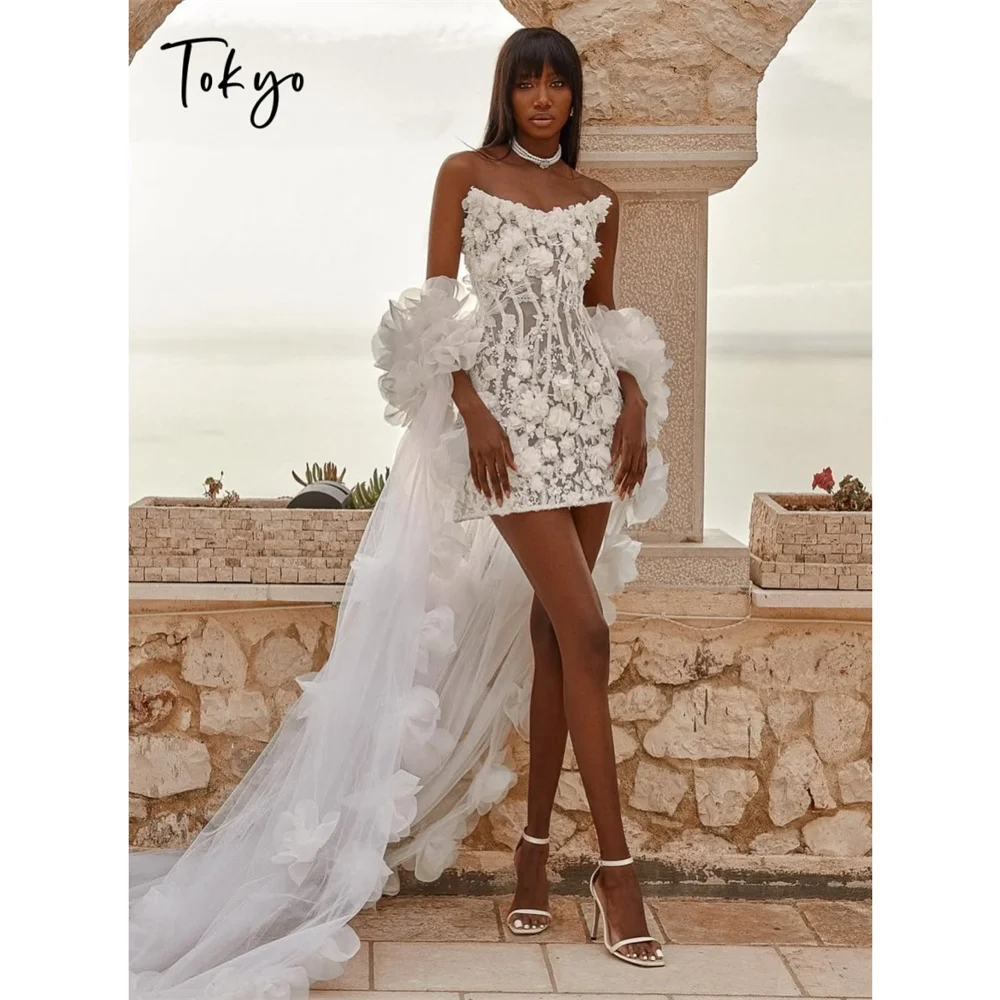 Tokyo Customized White Strapless Wedding Dresses Sleeveless Shawl 3D Flower Bridal Gowns 2025 Elegant Lace Mini Wedding Gowns
