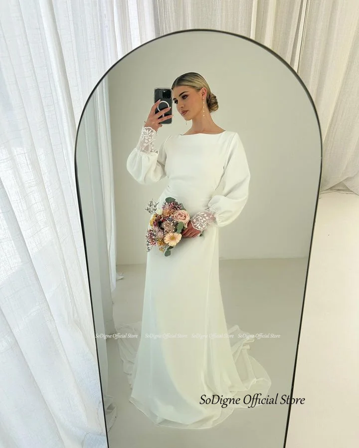 SoDigne Muslim Simple Wedding Dresses O-neck Full Sleeves Satin Bridal Dress Mermaid Customized Bride Gown Vestidos De Novia