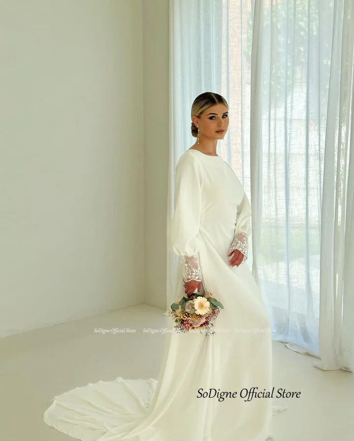SoDigne Muslim Simple Wedding Dresses O-neck Full Sleeves Satin Bridal Dress Mermaid Customized Bride Gown Vestidos De Novia