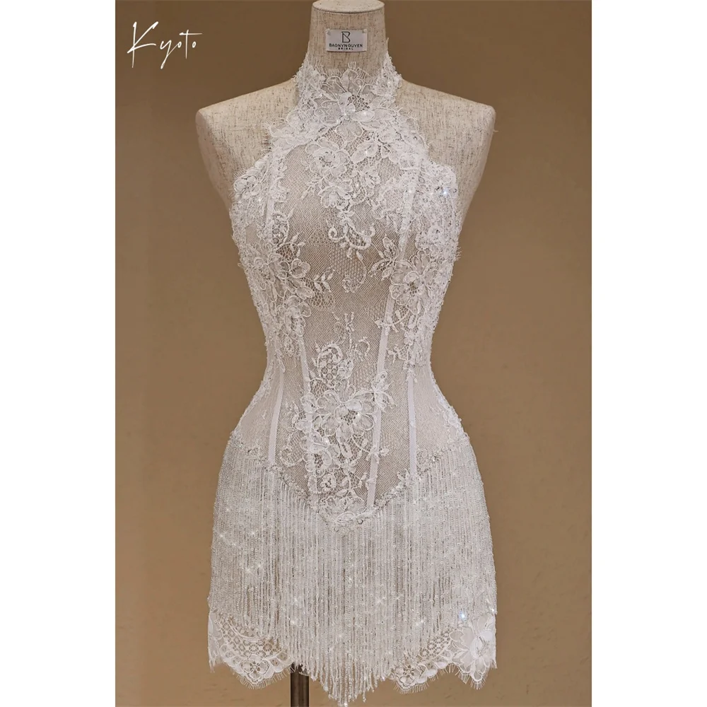 Kyoto White Floral Lace Customized Wedding Dress Sleeveless Halter Necklink vestidos de noche A-Line Mini After Party Gown 2026