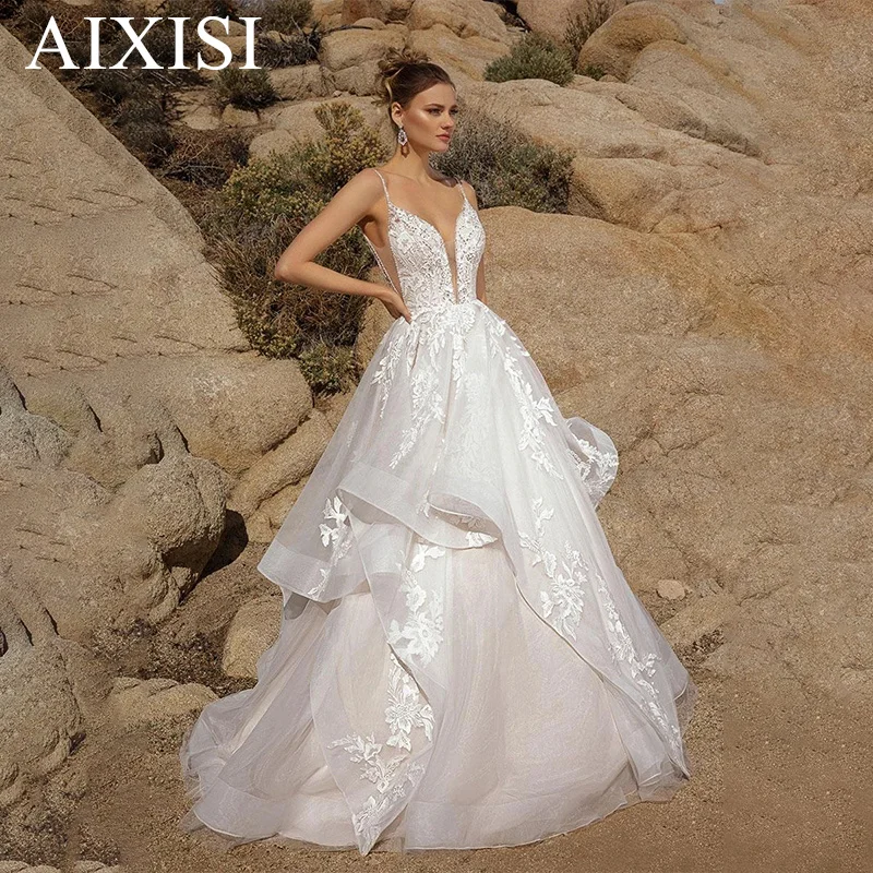 Osquernovia Charming Wedding Dresses V-neck Ruched Appliques Spaghetti Straps Backless Appliques Lace-up Robe De Mariée 2025