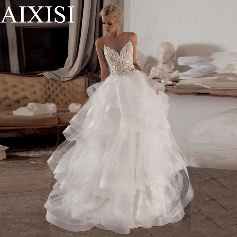 Osquernovia Charming Wedding Dresses V-neck Ruched Appliques Spaghetti Straps Backless Appliques Lace-up Robe De Mariée 2025