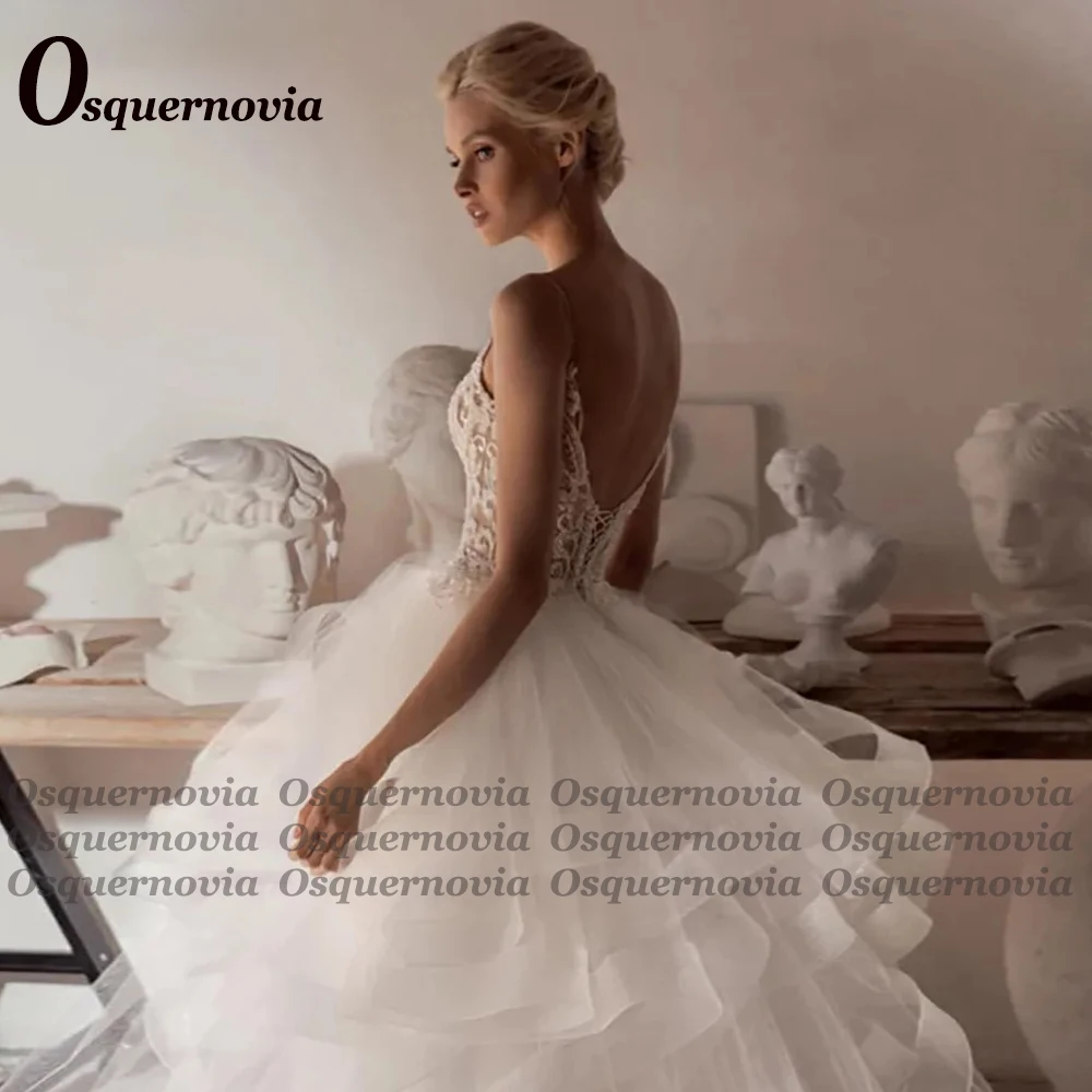 Osquernovia Charming Wedding Dresses V-neck Ruched Appliques Spaghetti Straps Backless Appliques Lace-up Robe De Mariée 2025