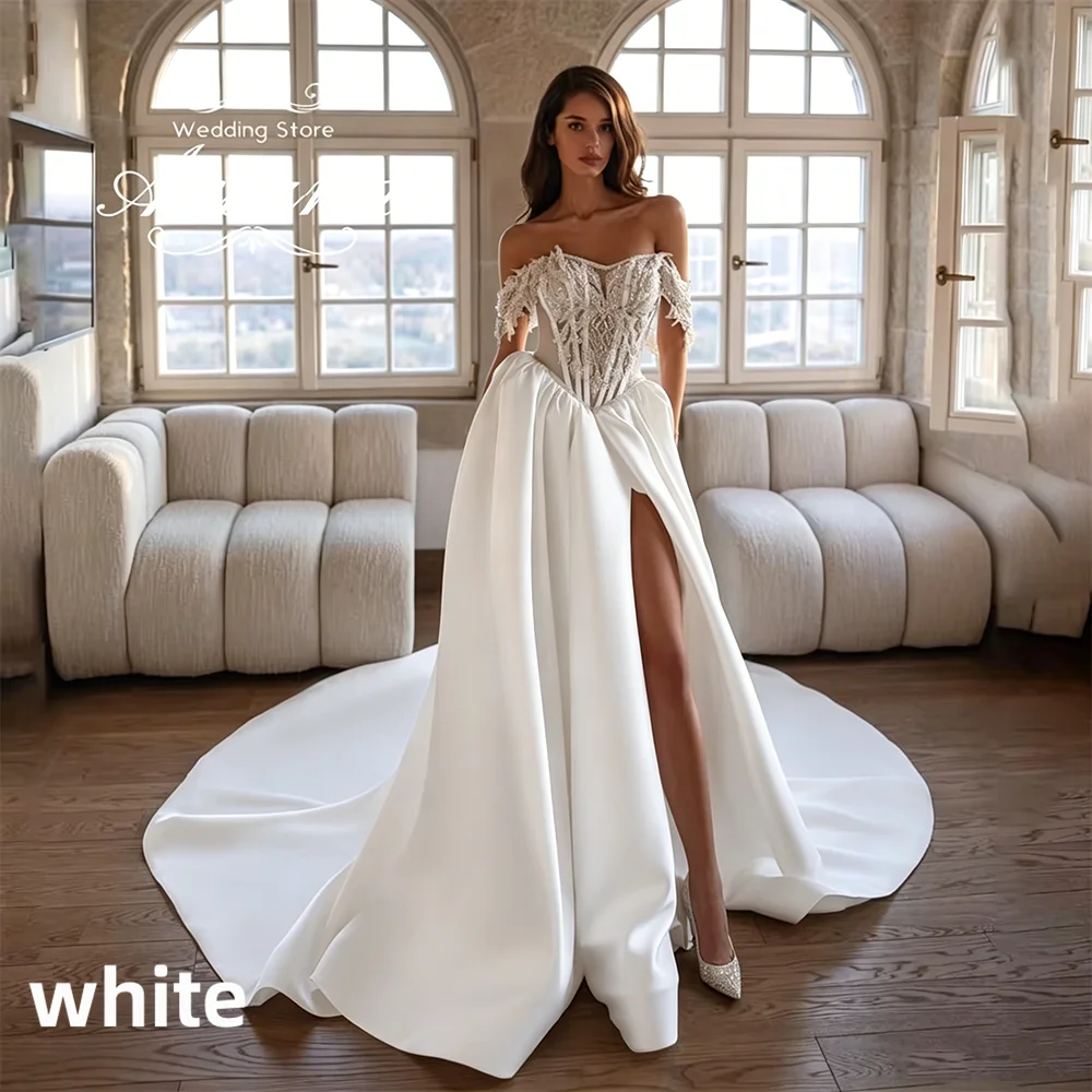 Off Shoulder Lace Corset Satin Wedding Dress High Side Slit Cathedral Train Backless Ivory Bridal Gown Custom Vestido De Novia