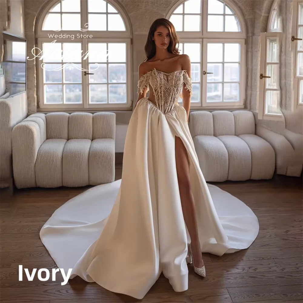 Off Shoulder Lace Corset Satin Wedding Dress High Side Slit Cathedral Train Backless Ivory Bridal Gown Custom Vestido De Novia