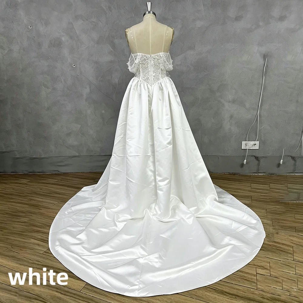 Off Shoulder Lace Corset Satin Wedding Dress High Side Slit Cathedral Train Backless Ivory Bridal Gown Custom Vestido De Novia