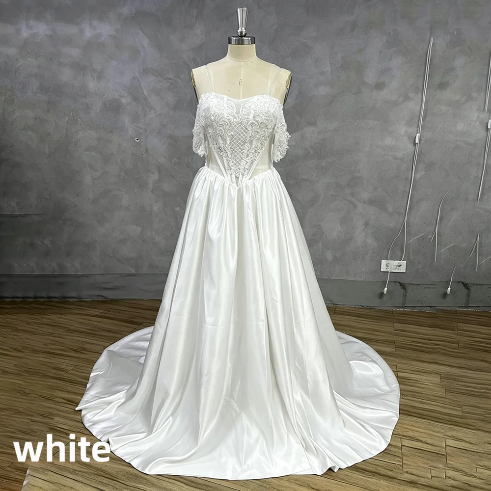 Off Shoulder Lace Corset Satin Wedding Dress High Side Slit Cathedral Train Backless Ivory Bridal Gown Custom Vestido De Novia