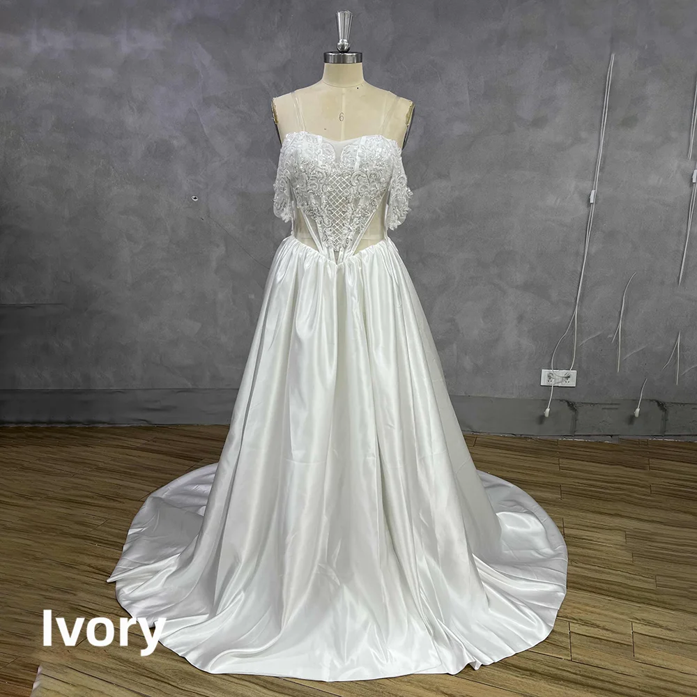 Off Shoulder Lace Corset Satin Wedding Dress High Side Slit Cathedral Train Backless Ivory Bridal Gown Custom Vestido De Novia