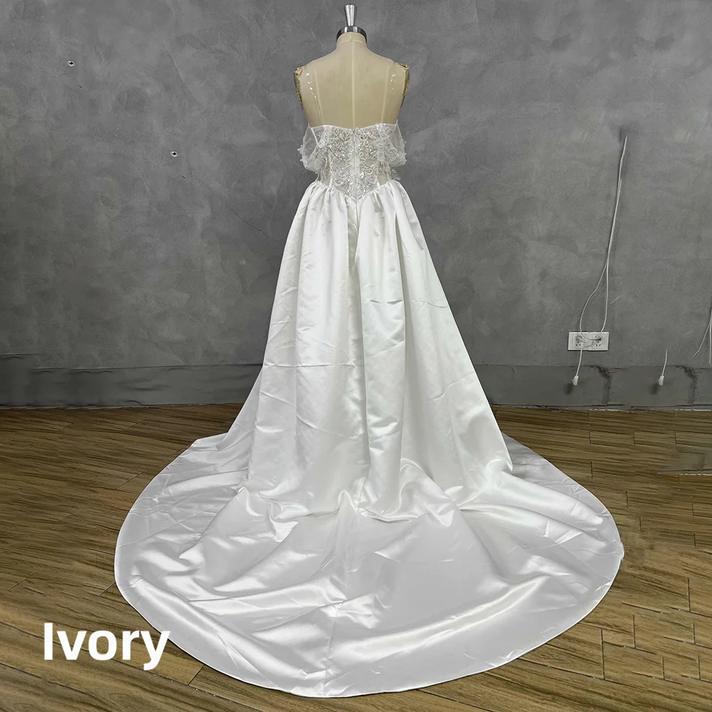 Off Shoulder Lace Corset Satin Wedding Dress High Side Slit Cathedral Train Backless Ivory Bridal Gown Custom Vestido De Novia
