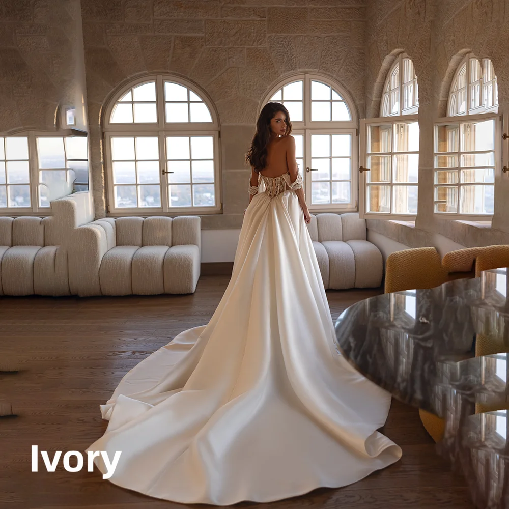 Off Shoulder Lace Corset Satin Wedding Dress High Side Slit Cathedral Train Backless Ivory Bridal Gown Custom Vestido De Novia
