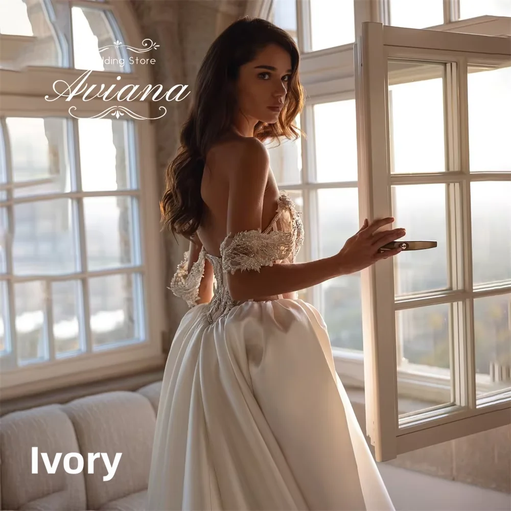 Off Shoulder Lace Corset Satin Wedding Dress High Side Slit Cathedral Train Backless Ivory Bridal Gown Custom Vestido De Novia