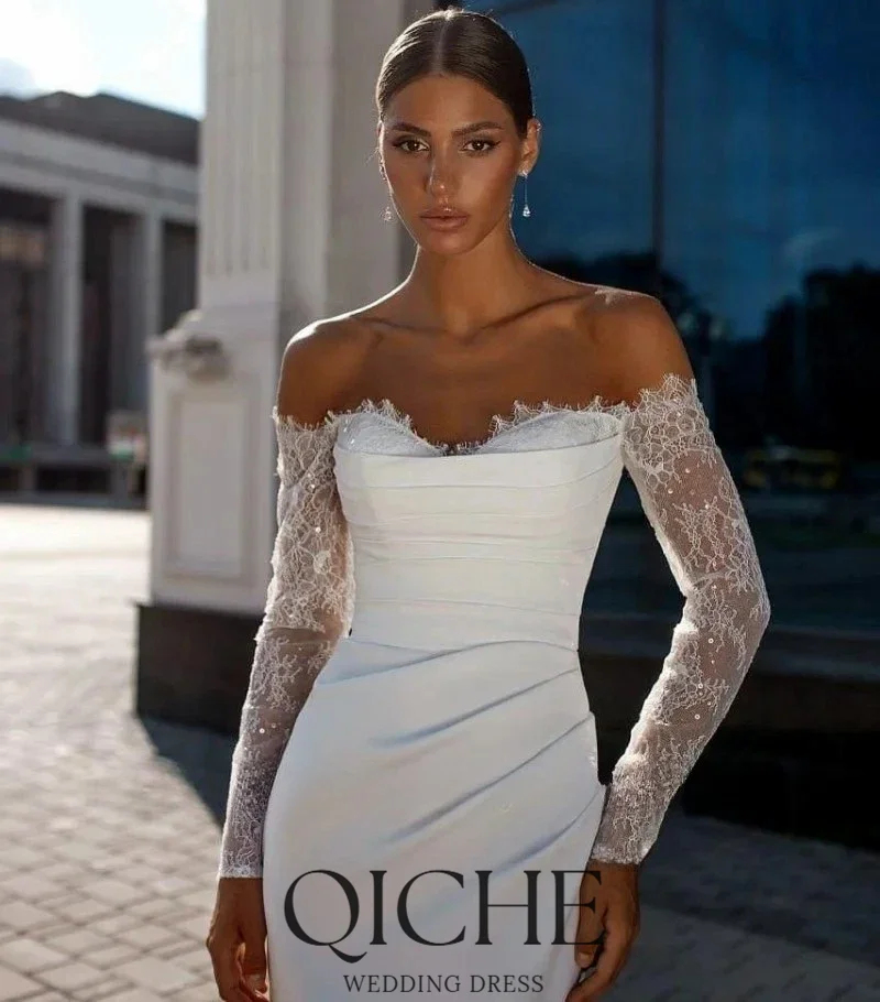 QICHE Lace Long Sleeve Sweetheart Mermaid Wedding Dress Pleat Open Back Off The Shoulder Bridal Gown Vestido De Novia Customized