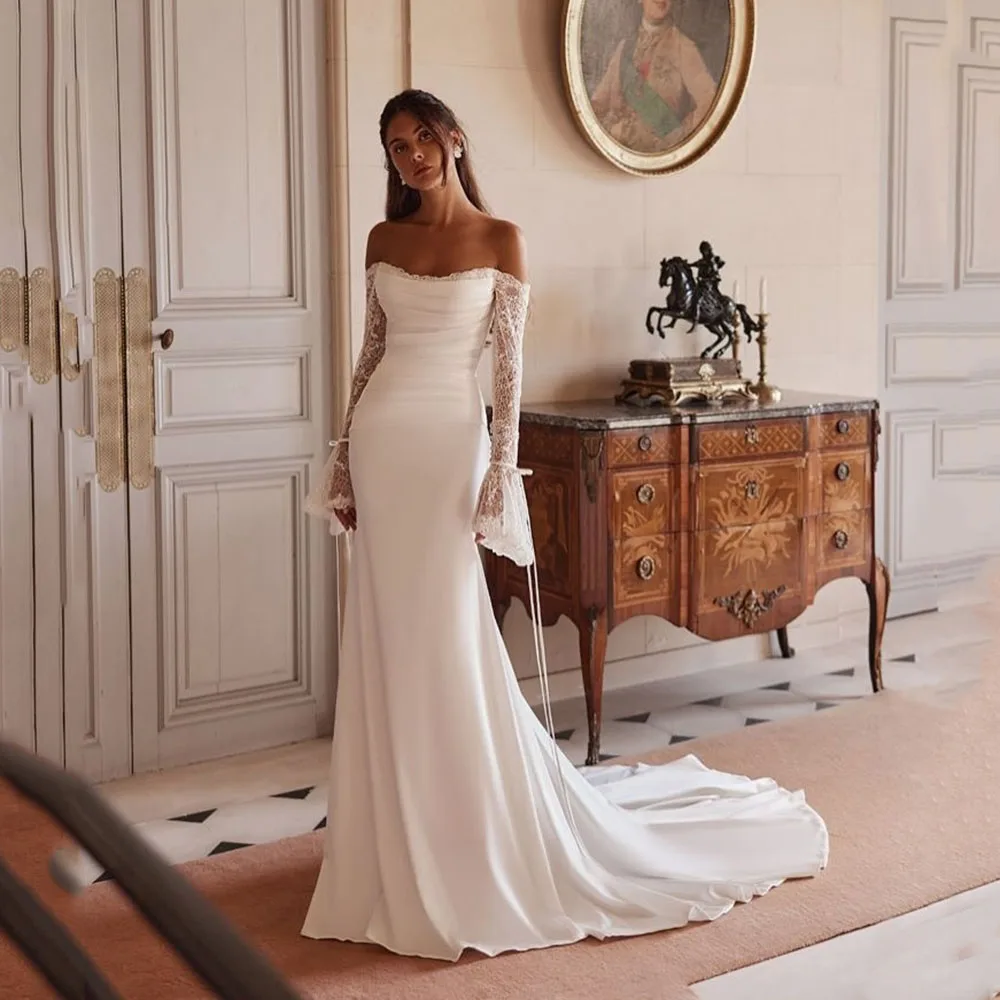 Customized Elegant Bridal Dress 2026 Lace Long Sleeves Mermaid Wedding Ceremony Dress Off Shoulder Vinatge Bride Gown Women