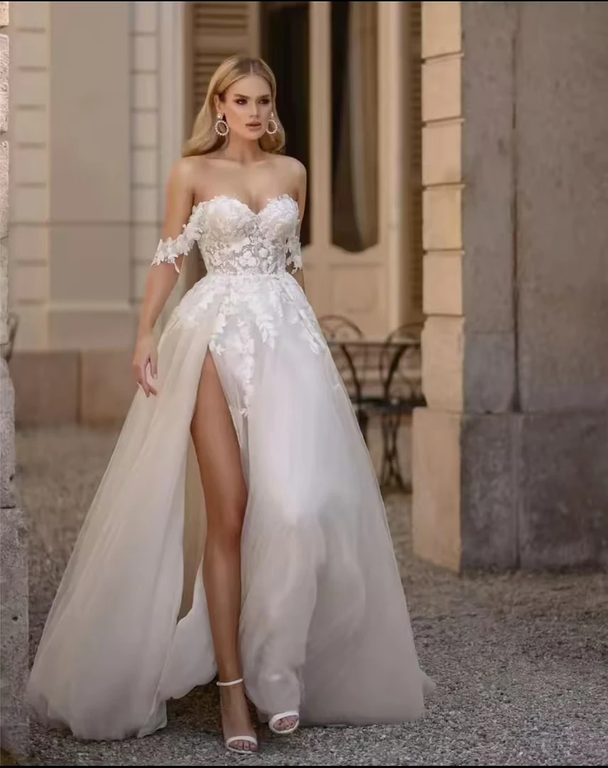 Lace Appliques Civil Wedding Dress 2025 Bride Off Shoulder Sweetheart Bridal Gown Side Split A-Line Customized