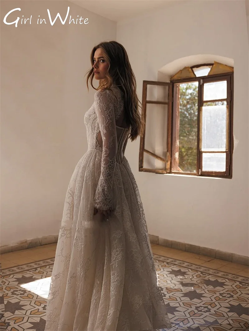 Full Lace Ivory Wedding Dresses High Neck Long Sleeves Bridal Gowns Floor Length A-Line Backless Wedding Gowns 2025 Customized