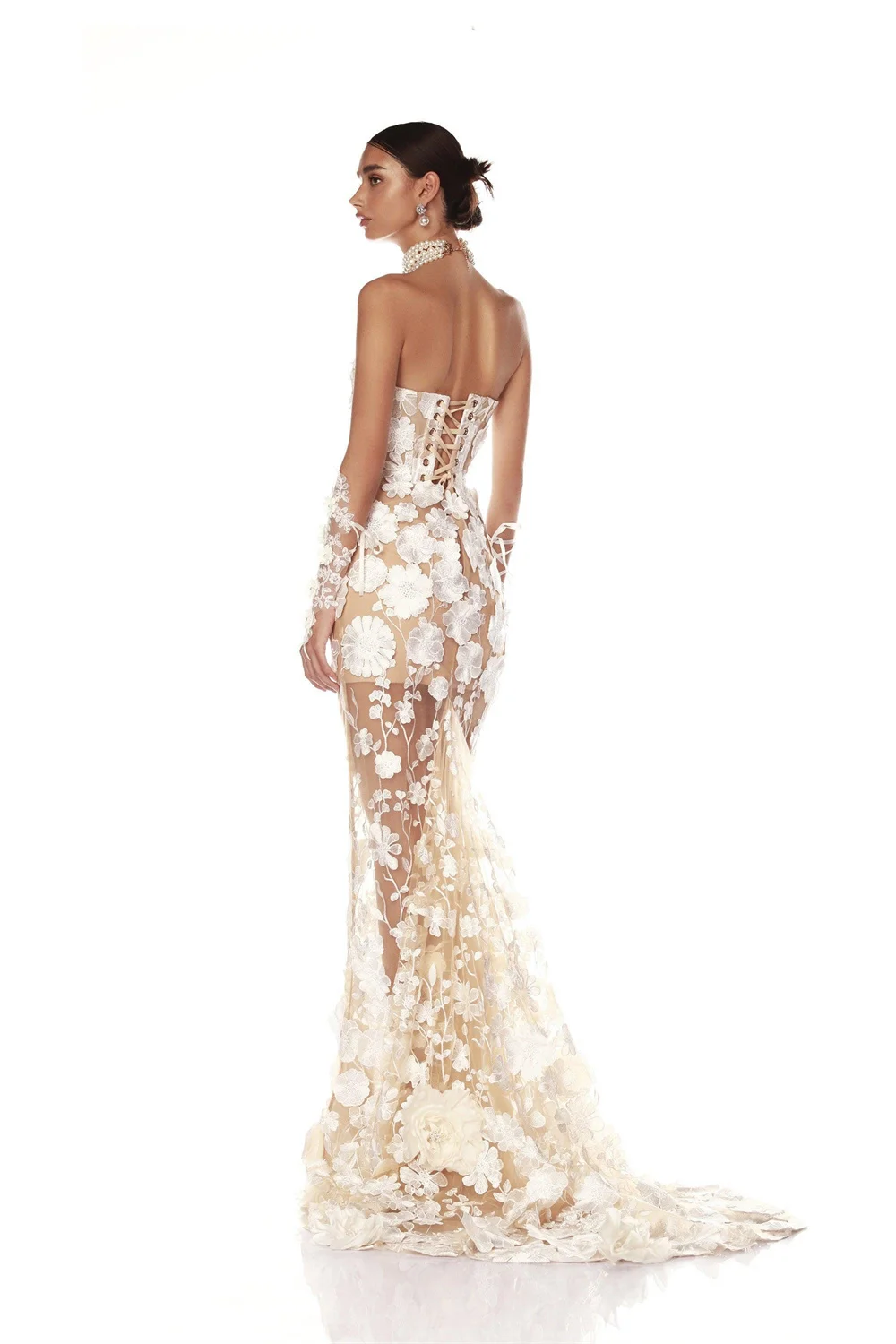 Kyoto Customized Off-White Trumpet Lace Flower Wedding Dress Strapless Short Sleeves vestidos de noche Tie Back Formal Evening