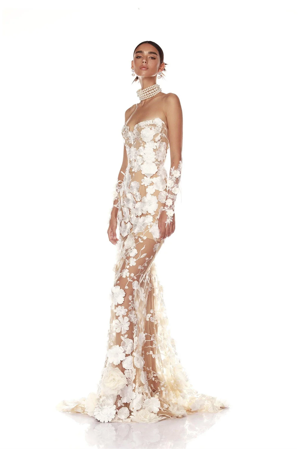 Kyoto Customized Off-White Trumpet Lace Flower Wedding Dress Strapless Short Sleeves vestidos de noche Tie Back Formal Evening