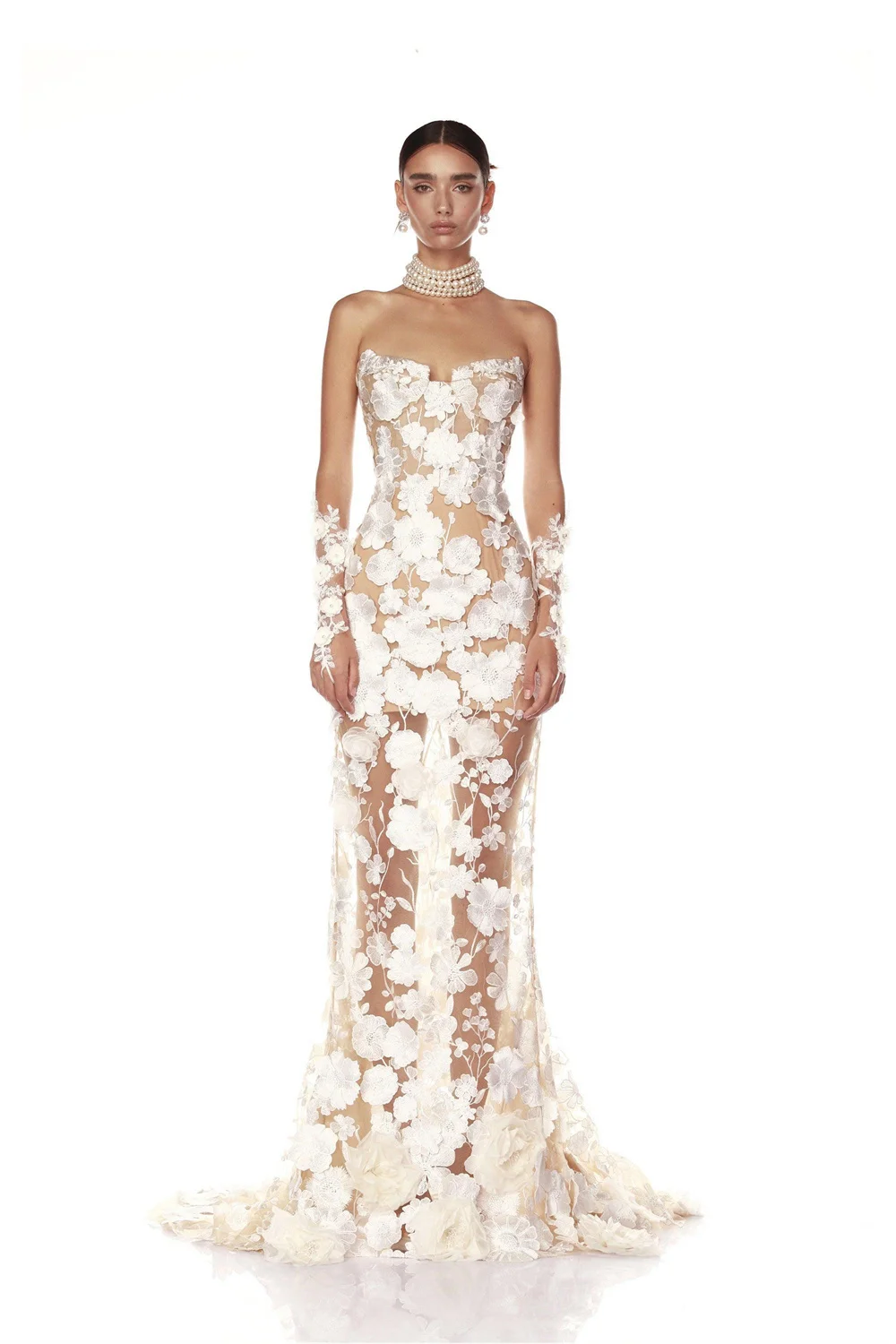 Kyoto Customized Off-White Trumpet Lace Flower Wedding Dress Strapless Short Sleeves vestidos de noche Tie Back Formal Evening