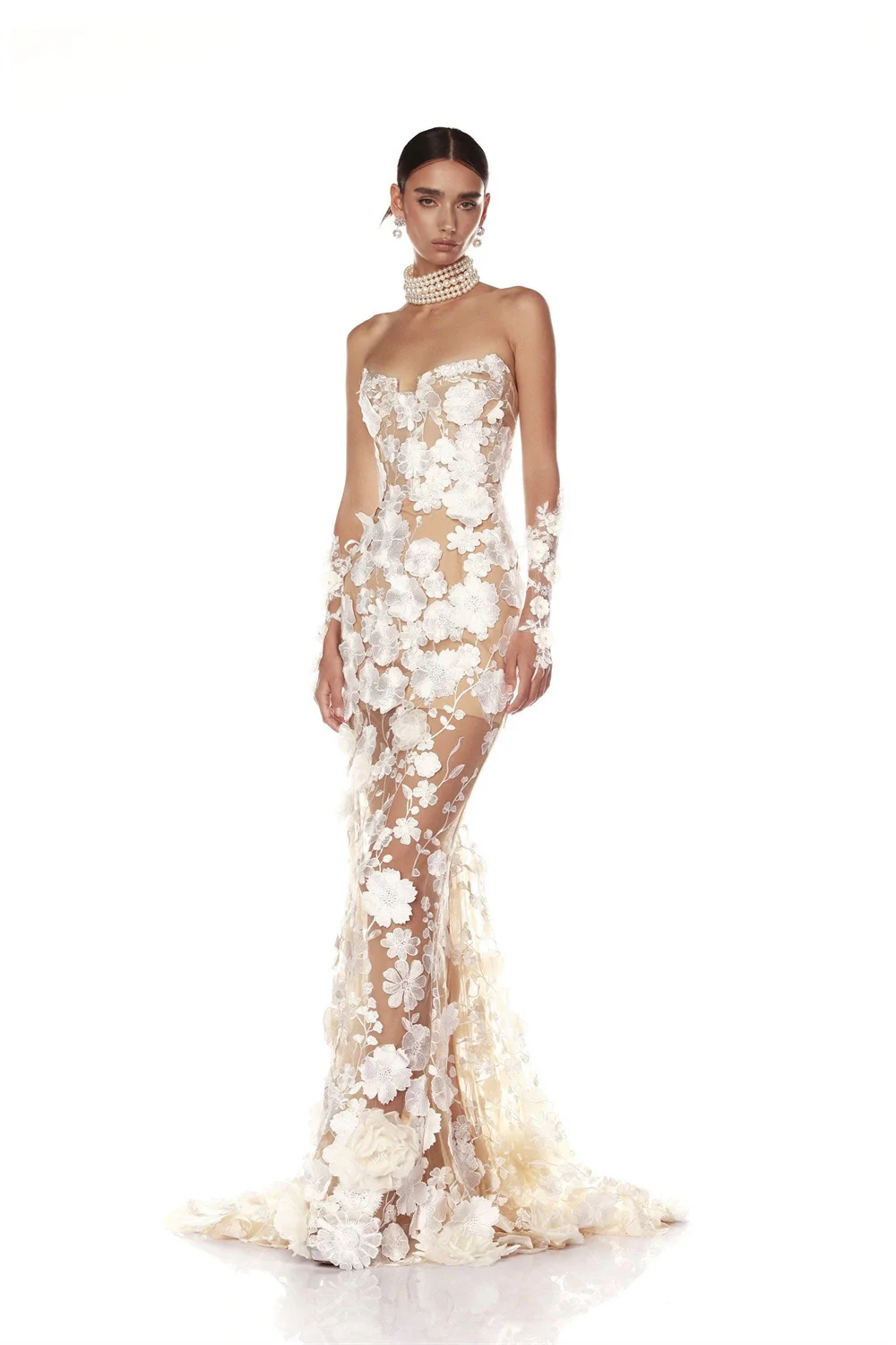 Kyoto Customized Off-White Trumpet Lace Flower Wedding Dress Strapless Short Sleeves vestidos de noche Tie Back Formal Evening