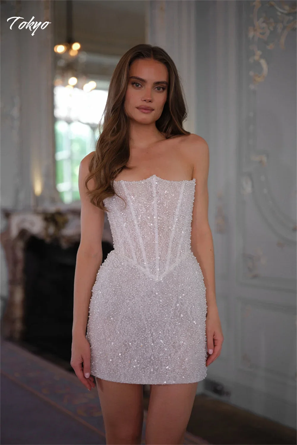 Tokyo Customized Ivory Corset Mini Wedding Dress Off Shoulder Shiny Sequin vestidos de novia Elegant Sleeveless Party Gown 2025