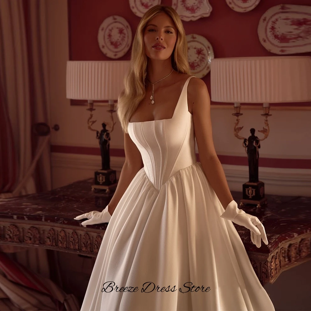 High Quality Satin Square Collar Robe de mariée Dreamy Ruched Customized A-Line Wedding Dress Classic Pockets Vestido De Novia
