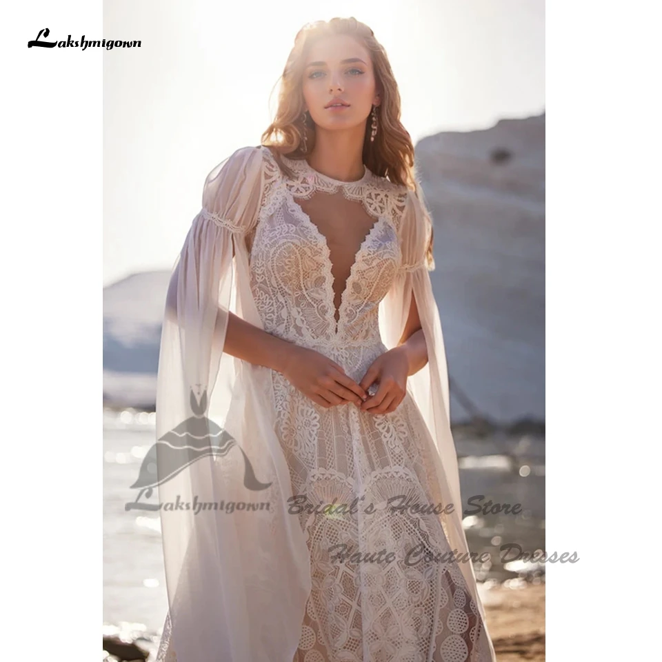 Lakshmigown Vintag Boho Beach Wedding Dresses Detachable Lace Cape 2025 Vestidos Sexy Champagne Bridal Gowns Deep Customized