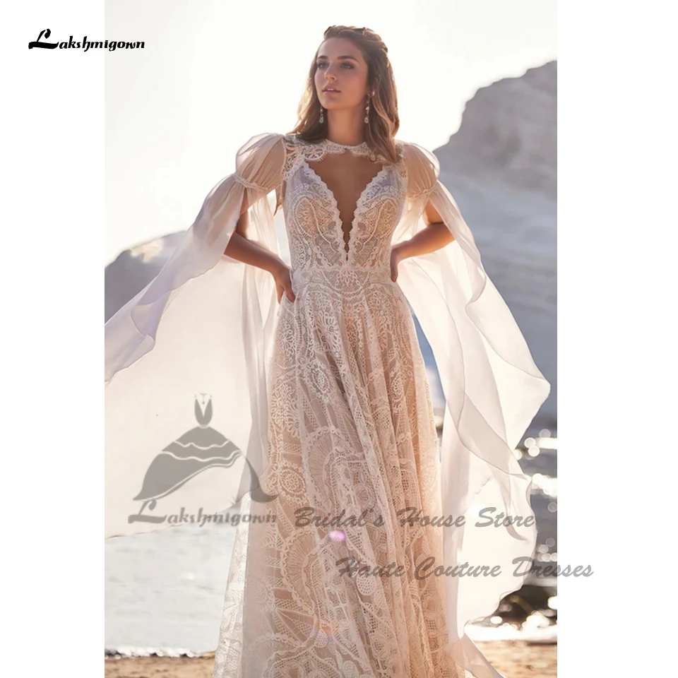 Lakshmigown Vintag Boho Beach Wedding Dresses Detachable Lace Cape 2025 Vestidos Sexy Champagne Bridal Gowns Deep Customized
