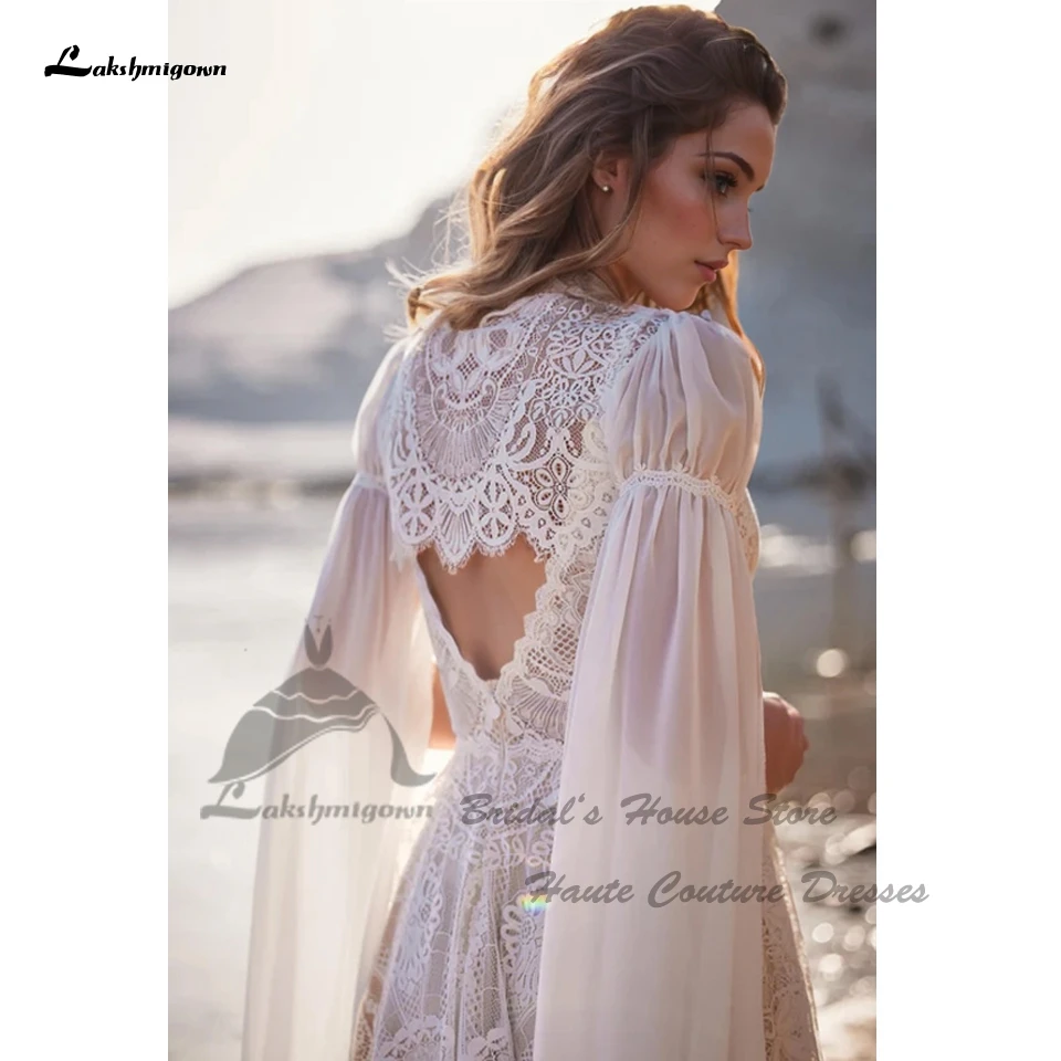 Lakshmigown Vintag Boho Beach Wedding Dresses Detachable Lace Cape 2025 Vestidos Sexy Champagne Bridal Gowns Deep Customized
