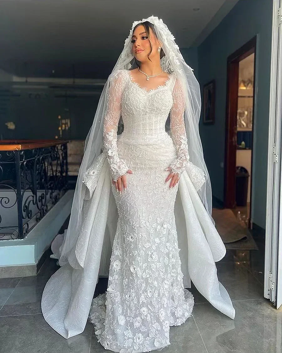Customized Gorgeous Scoop Neck Crystals Mermaid Wedding Dress Chapel Train Robe De Mariée Plus Size Flower Bridal Gowns