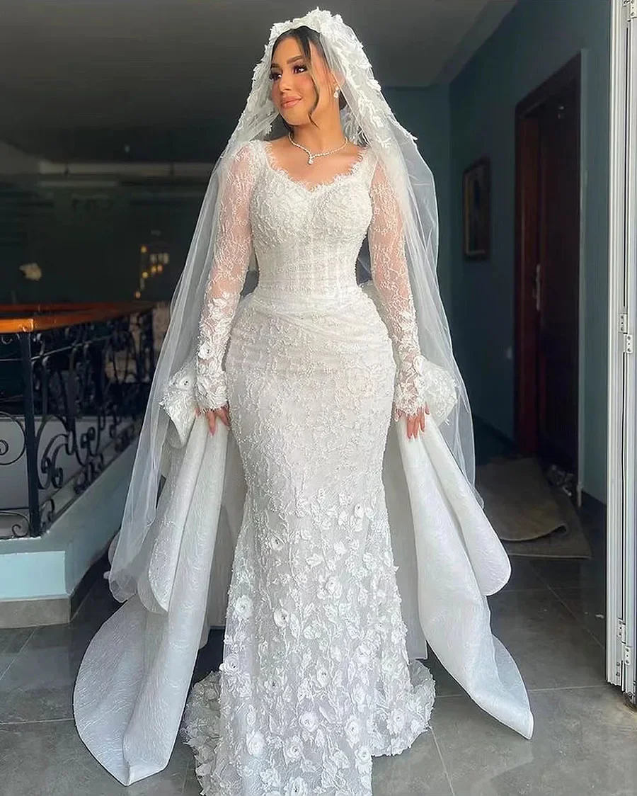 Customized Gorgeous Scoop Neck Crystals Mermaid Wedding Dress Chapel Train Robe De Mariée Plus Size Flower Bridal Gowns