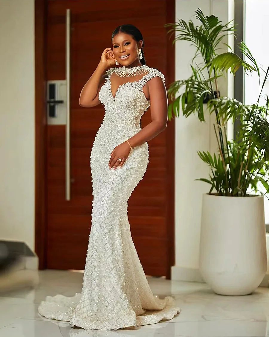 Customized Arabic Mermaid Wedding Dresses Luxury Pearls Beaded Illusion Long Sleeve Plus Size Bridal Gowns Vestidos De Novia