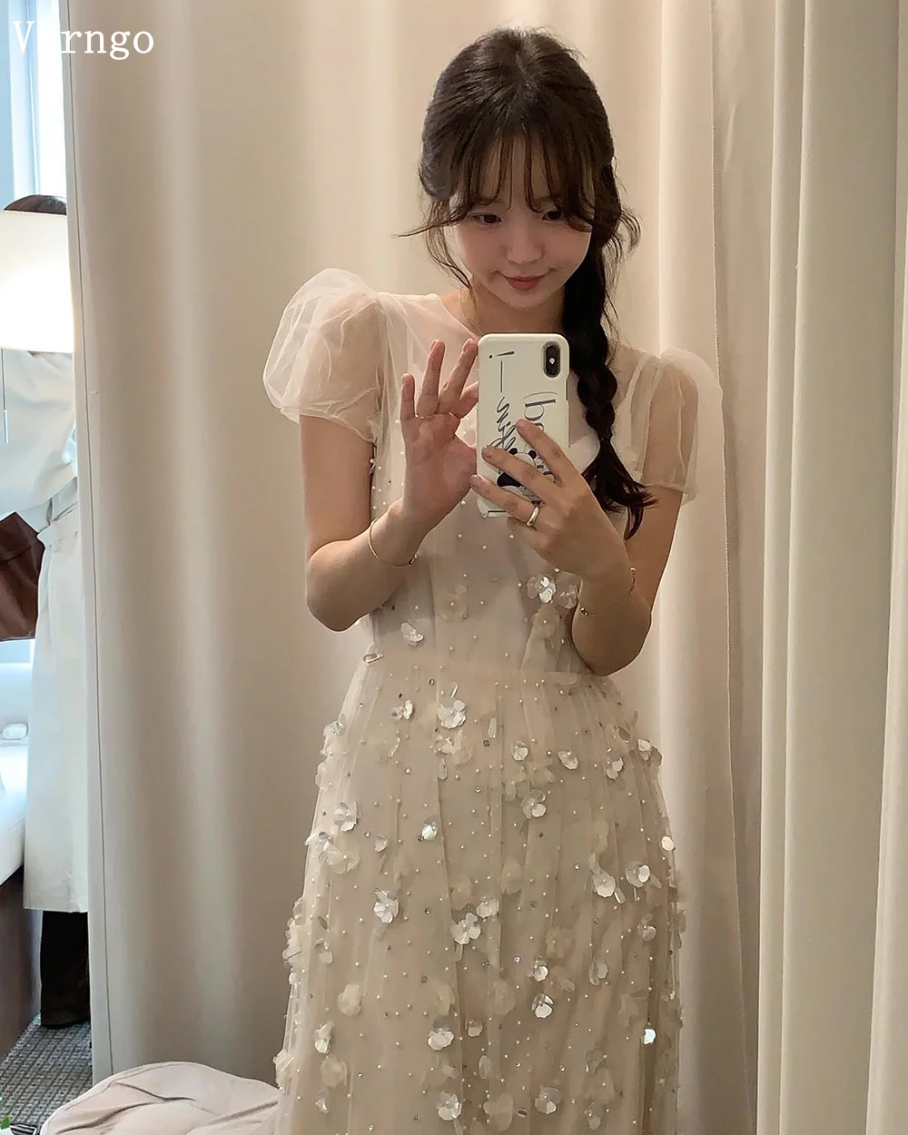 Verngo Appliques A Line Wedding Dress O Neck Puff Short Sleeves Zipper Back Long Prom Bridal Dresses Elegant Korea Bride Gowns