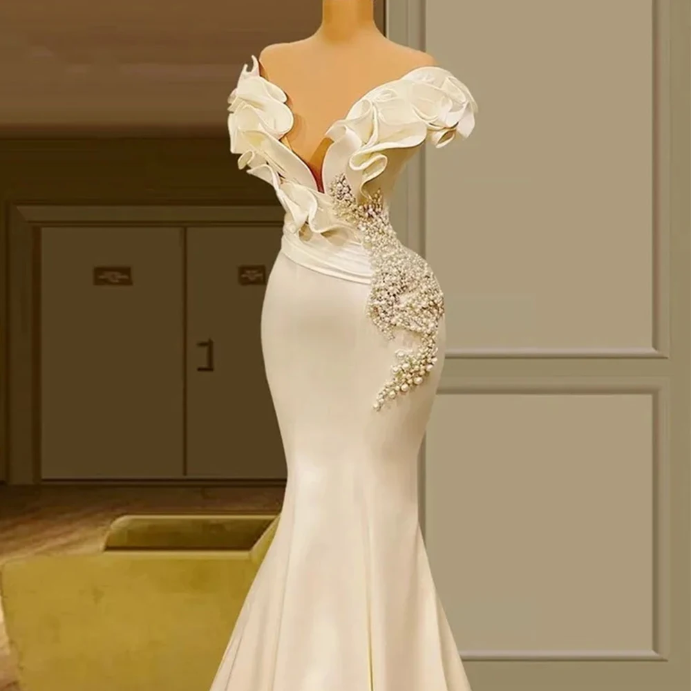 Modern Mermaid Wedding Dress Off the Shoulder with Ruffles Beading and Pleat Bride Floor Length Sweep Train Gowns Customized