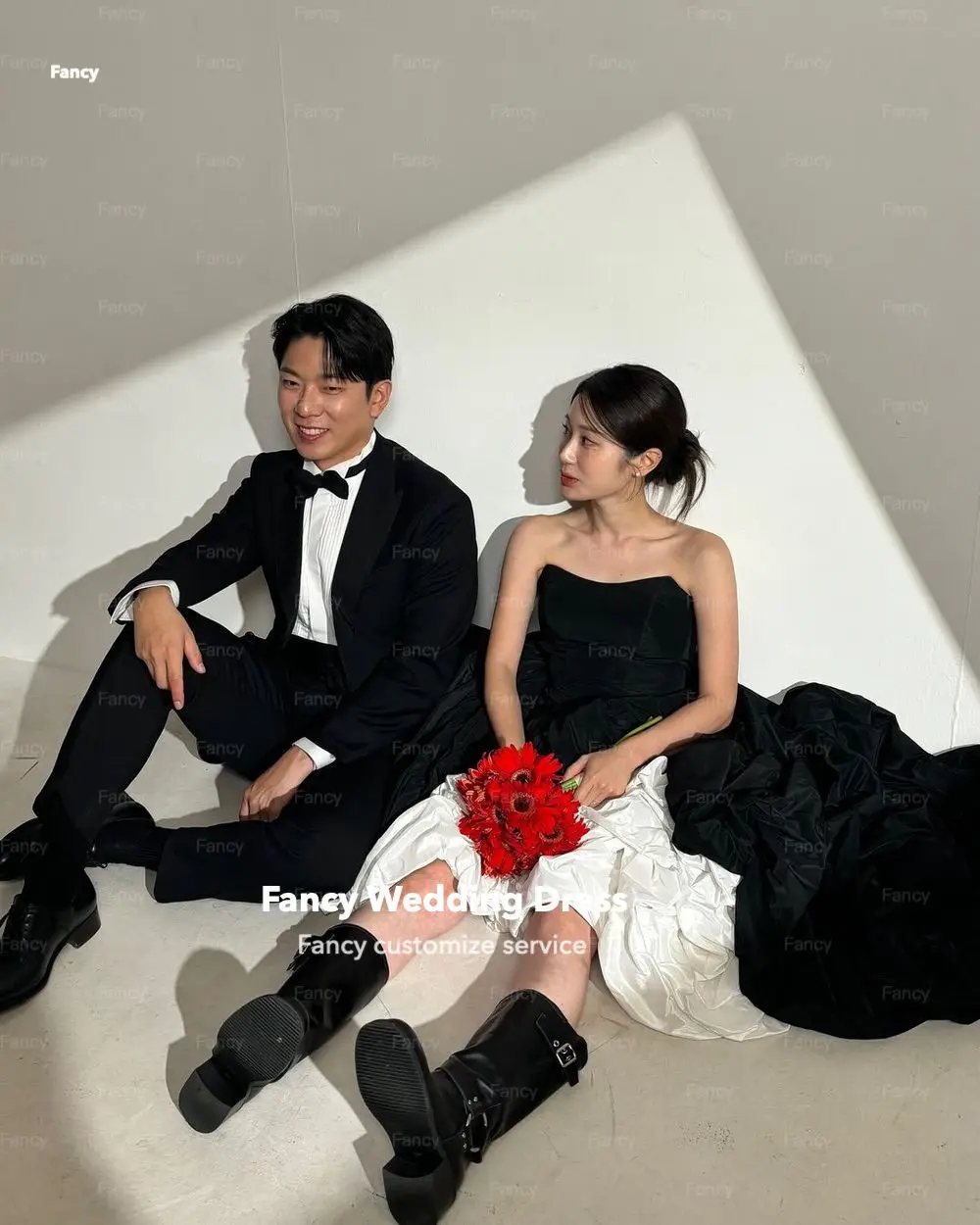 Fancy Korea Especially Strapless Wedding Dress White And Black Taffeta Evening Party Dress A Line Back Bow Customized