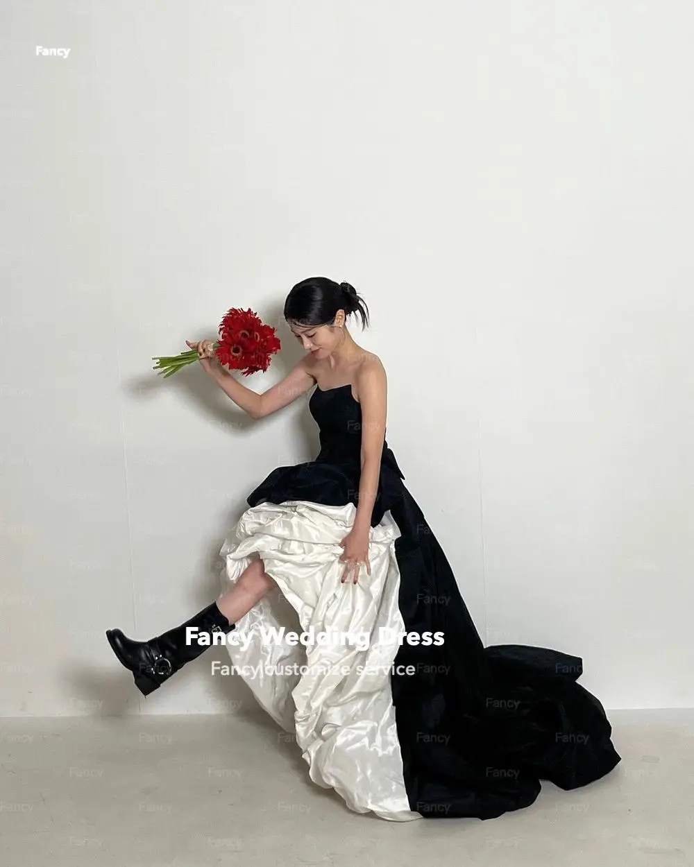 Fancy Korea Especially Strapless Wedding Dress White And Black Taffeta Evening Party Dress A Line Back Bow Customized