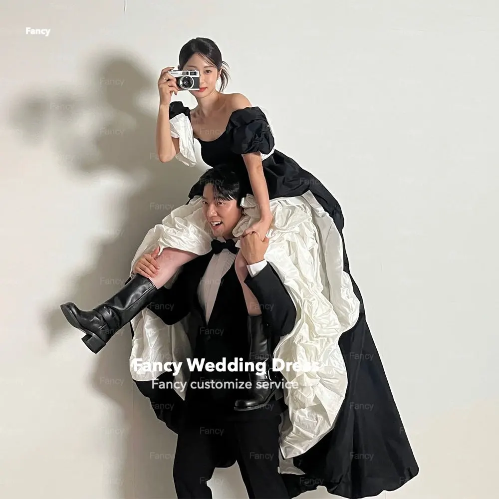 Fancy Korea Especially Strapless Wedding Dress White And Black Taffeta Evening Party Dress A Line Back Bow Customized