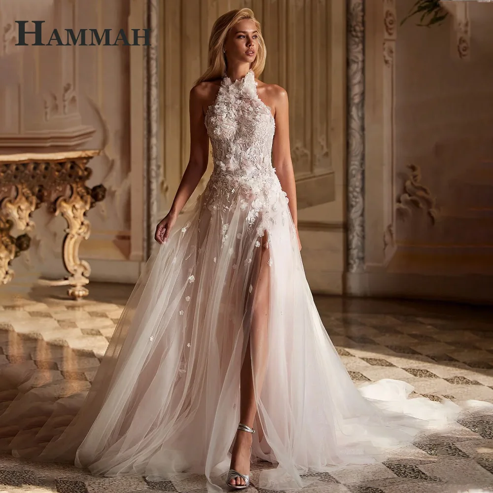 HAMMAH Glamorous Backless Wedding Gown Halter Lace Appliques Sleeveless Trumpet Slit Chapel Train Robe De Mariee Customized